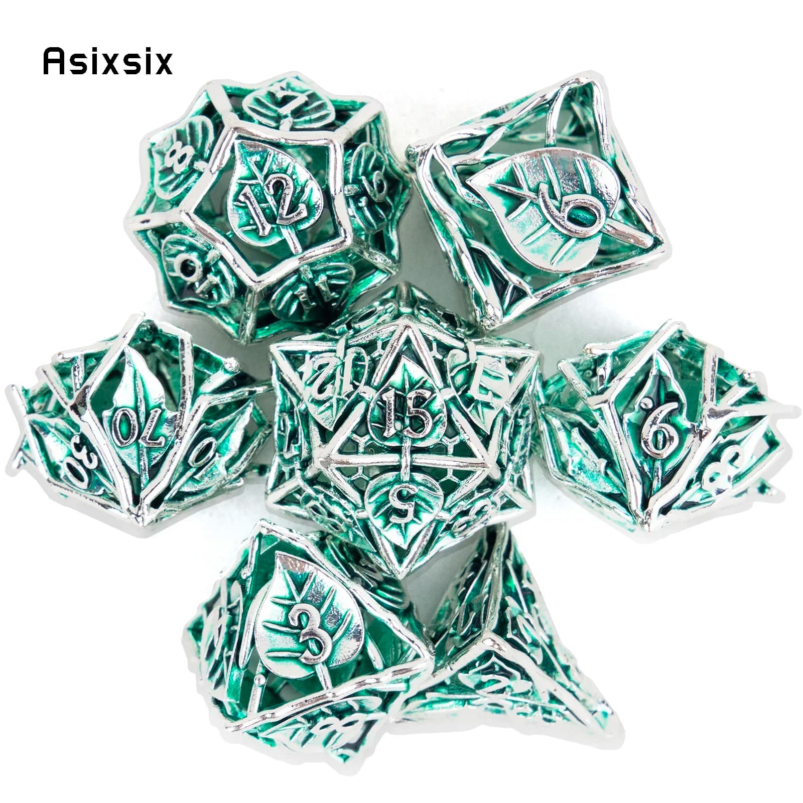 Metal Dice, Perfect For Tabletop Rpgs And Card Games 7 Pcs Green Leaf Flower Metal Dice Hollow Metal Polyhedral Dice Set Suitabl