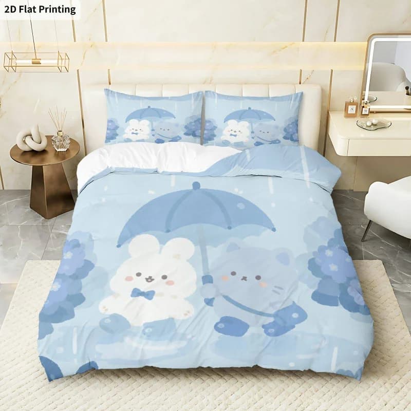 3PCS Duvet Cover, 1 Duvet Cover + 2 Pillowcases (Without Filler) Pastel Rain Bunny Umbrella
