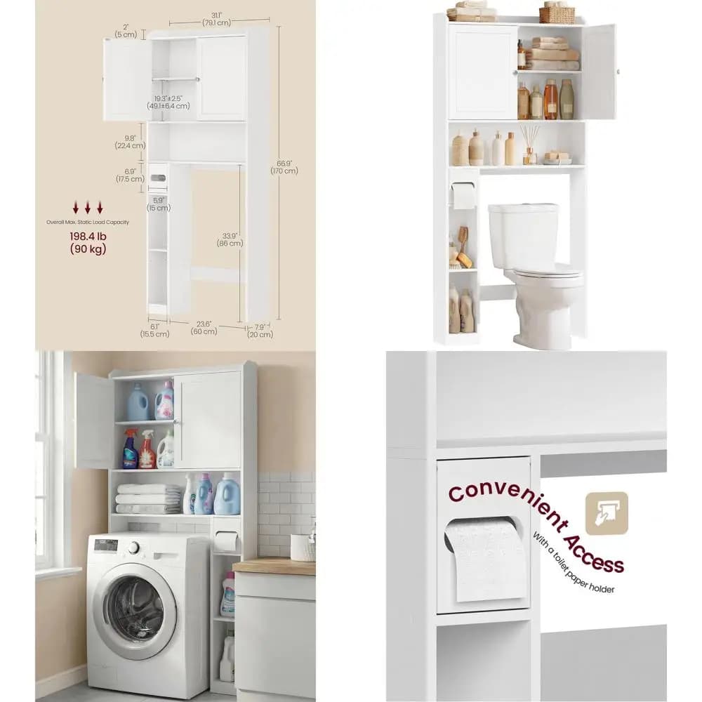 Mobiletto Salvaspazio Bianco Nuvola da Posizionare Sopra il WC con Ripiani Regolabili e Porta Carta Igienica, 7.9x31.1x66.9 Pollici