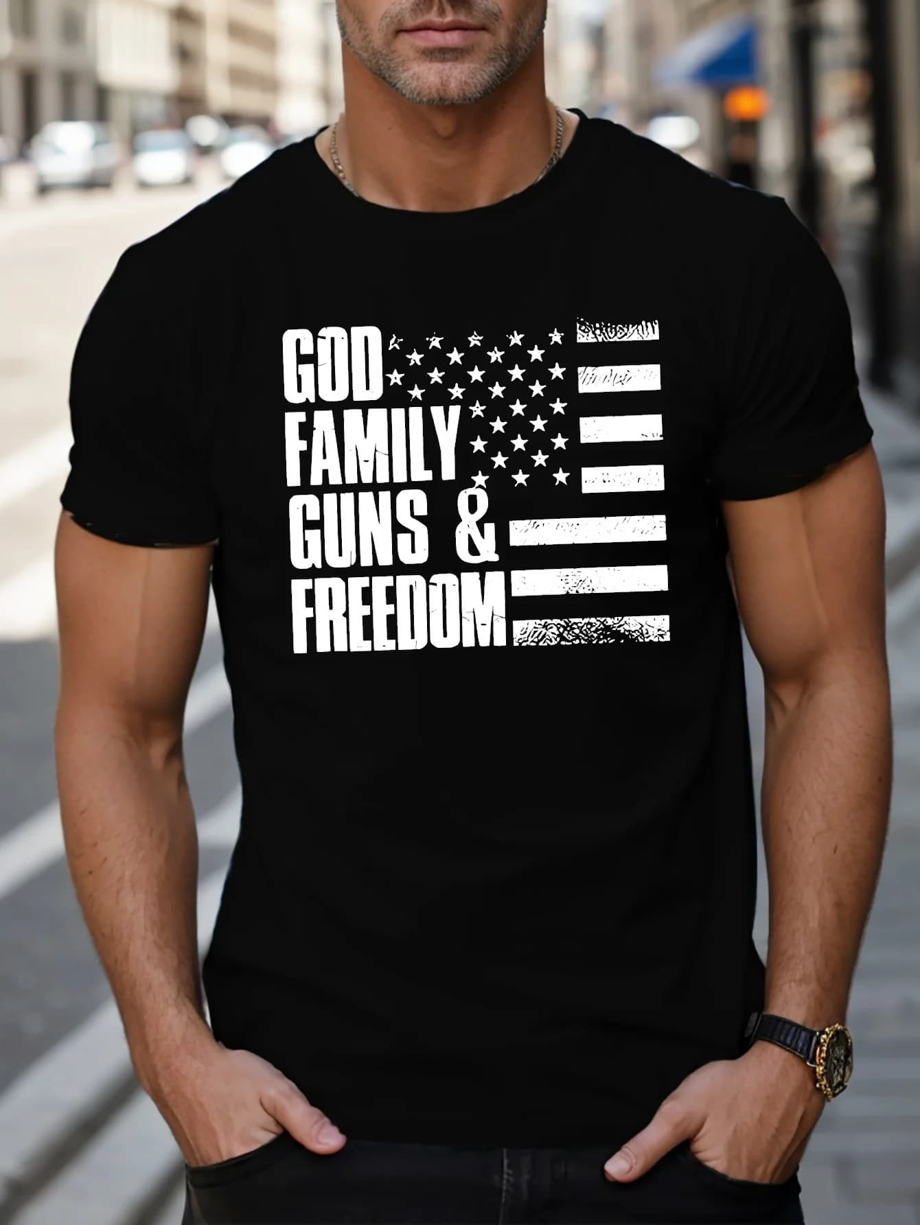 T-shirt da uomo God Family Guns Freedom Flag - Maglietta a maniche corte girocollo con diritti di armamento, top streetwear unisex 2026