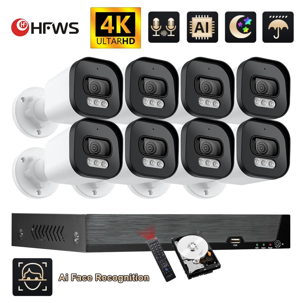 Kit security camera cctv Hfws poe 4k 8MP 8CH H.265 NVR CCTV Kit Audio Video external surveillance IP camera set