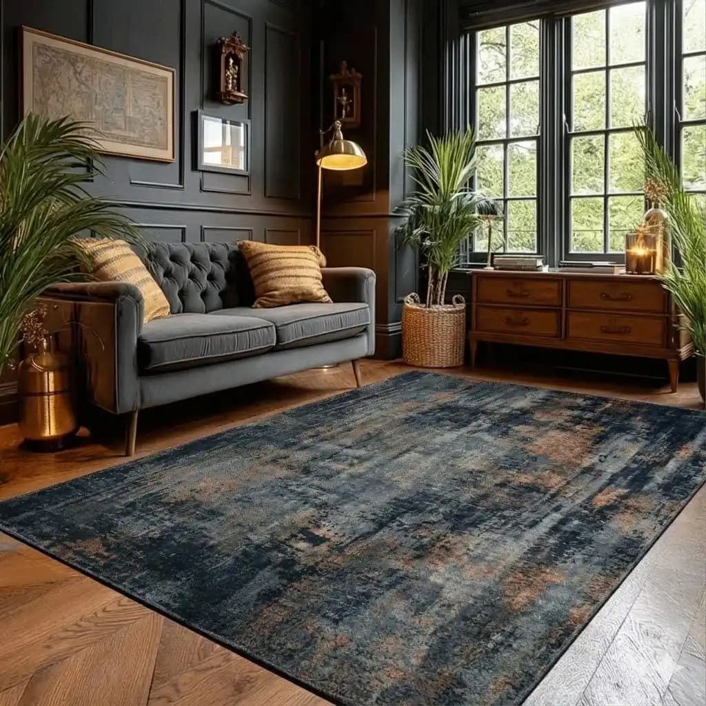 Modern Abstract Industrial Area Rug Vintage Blue Orange Rust Ink Splatter Carpet For Living Room