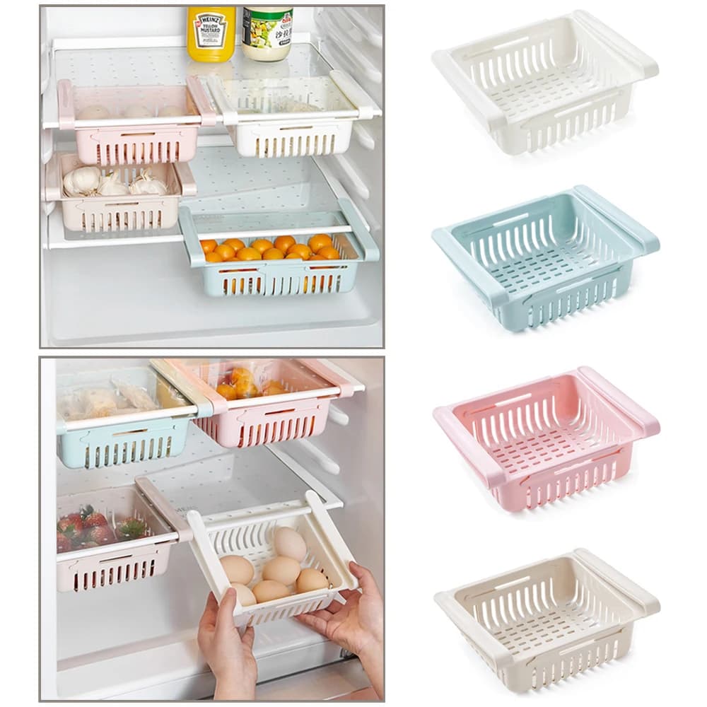 Scaffale portaoggetti per frigorifero da cucina regolabile Organizzatore domestico Contenitore per alimenti Scatole portaoggetti per cassetti per frigorifero Scaffale a scomparsa