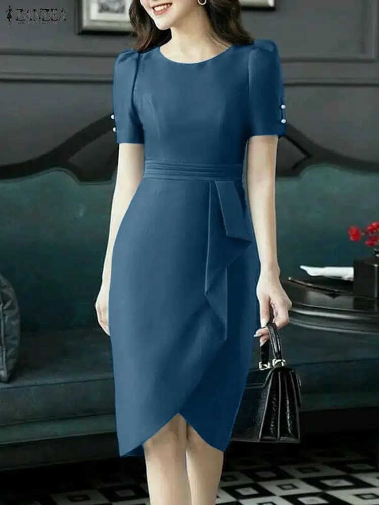 ZANZEA Elegant Women's Party Dresses Trendy O-Colle Short Sleeve Smoothed Trim Detail Knee Dress Women's Dress