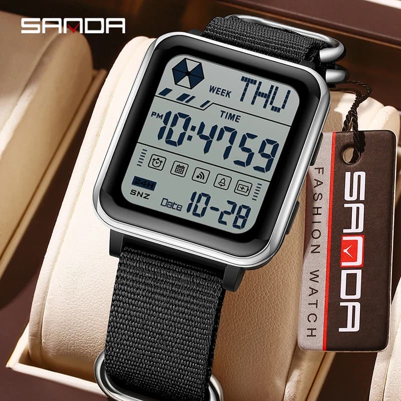 SANDA6159 Orologio elettronico sportivo per giovani, per uomo e donna, impermeabile 5ATM, multifunzionale, ultra sottile, orologio per coppia, cinturino in nylon