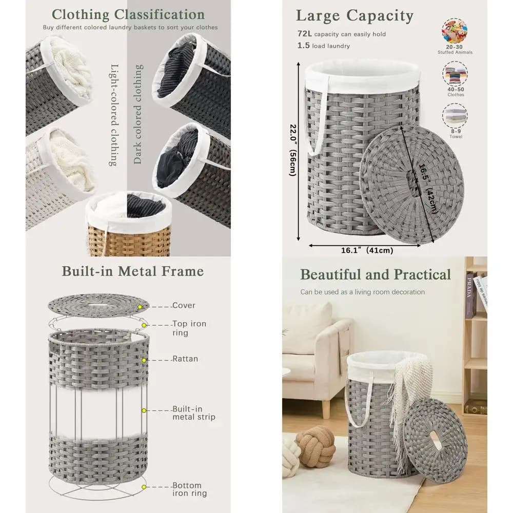 72 litre grey braided rattan round bib basket with removable cover and bag, ideal for living room and bathroom