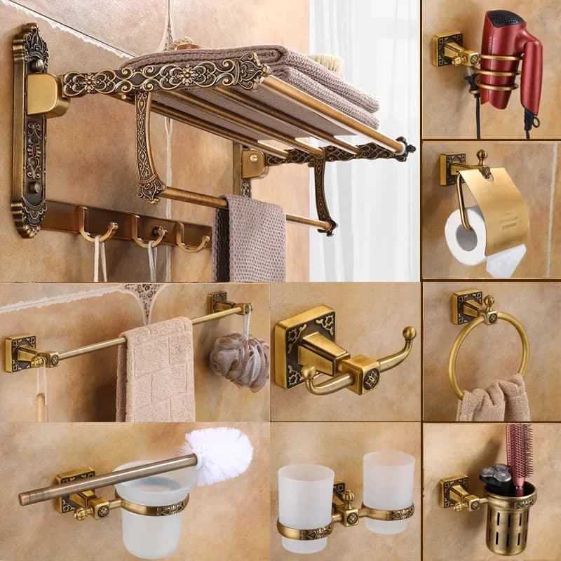 Antique Aluminum Carved Bath Hardware Bathroom Shelf Towel Rack Paper Holder Toilet Brush Holder Bathroom Accessories