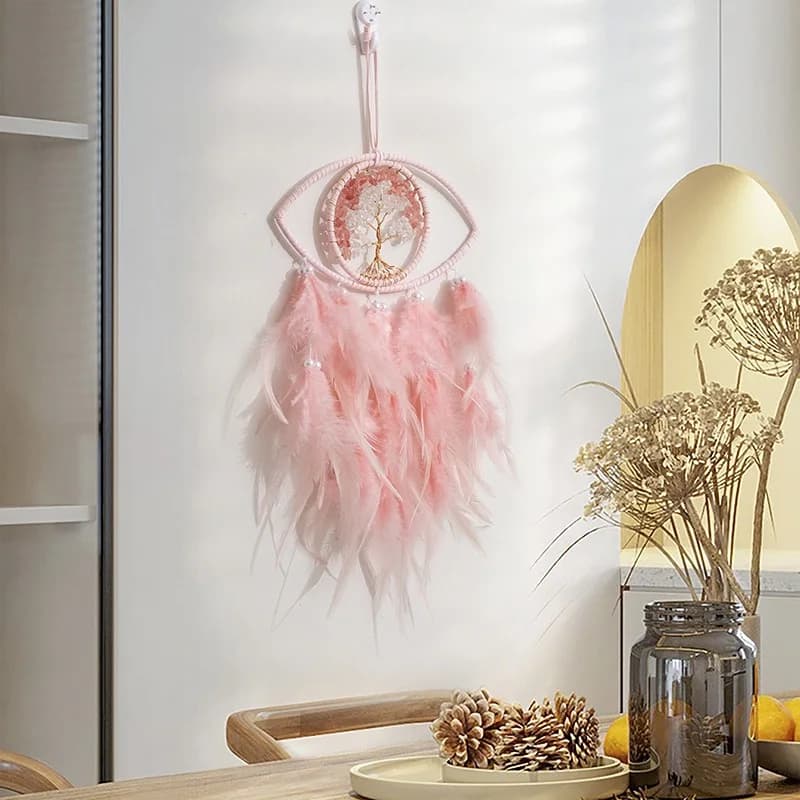 Tree of Life Eyes Dream Catcher Handmade Pink Feather Wind Chimes Home Decoration For Wall Hanging Door Pendants With Raw Stone