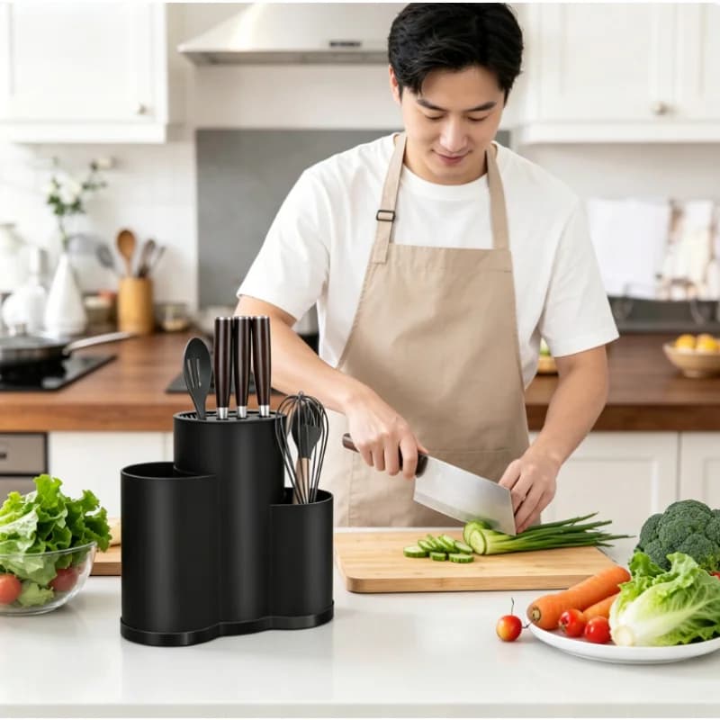 Portacoltelli e Portautensili Multifunzione in PP, Organizzatore da Cucina con Scolapiatti per Posate, Cucchiai e Forchette