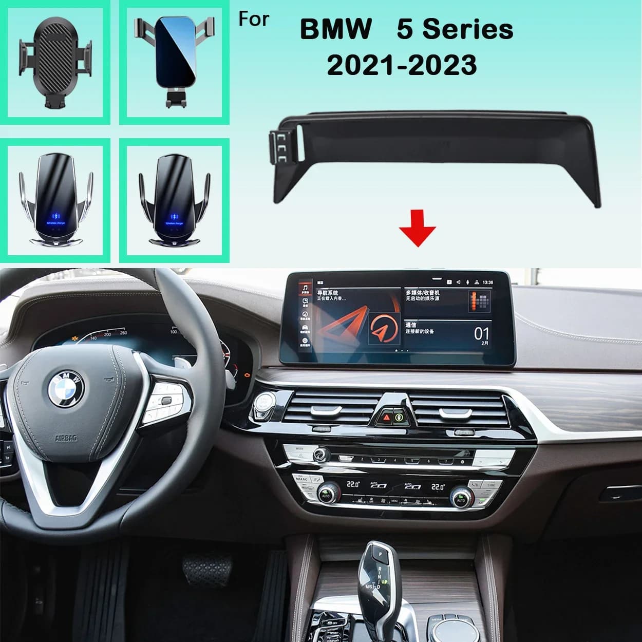 Supporto per telefono per auto per BMW Serie 5 G30 2021 2022 2023 Staffa per schermo Supporto per telefono cellulare Supporti per auto Accessori di ricarica wireless