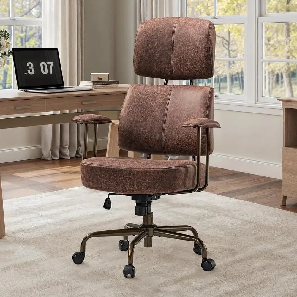 Sedia da ufficio ergonomica Century in pelle con cuscino a molla, braccioli regolabili e supporto lombare, comoda sedia girevole marrone