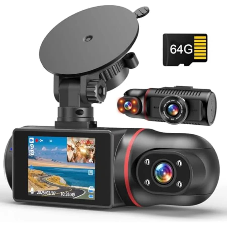 Dash Cam Anteriore e Interna, Telecamere per Auto FHD con Scheda da 64GB, Dash Cam per Auto 1080P Anteriore + Dashcam Interna 1080P