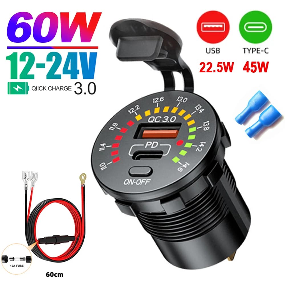 Presa per caricabatterie doppia USB da 45 W con voltmetro LED Interruttore ON OFF QC3.0 PC Tipo C Presa USB impermeabile Caricatore rapido per auto 12 V/24 V