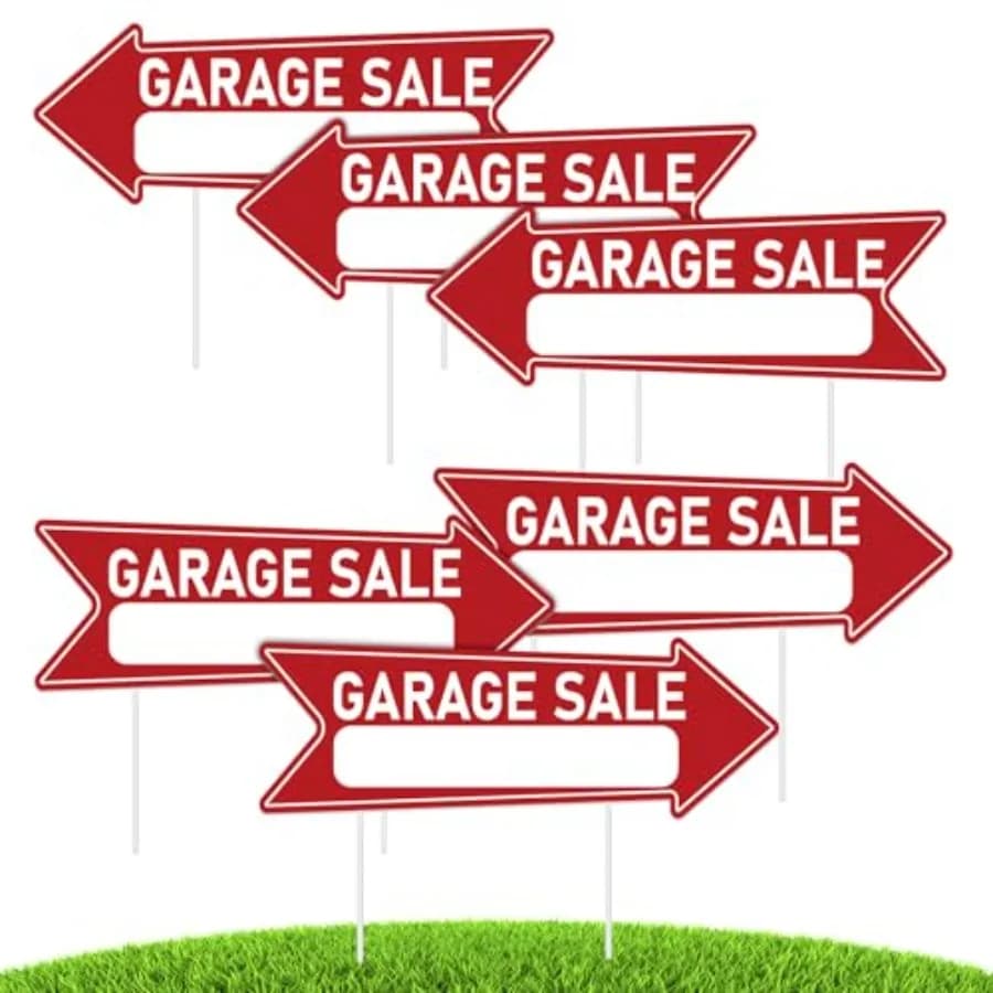 Set di 6 Cartelli per Garage Sale con Picchetti, Cartelli da Giardino a Freccia Bifacciali 17x6 Pollici - Plastica Ondulata Impermeabile Facile da Installare