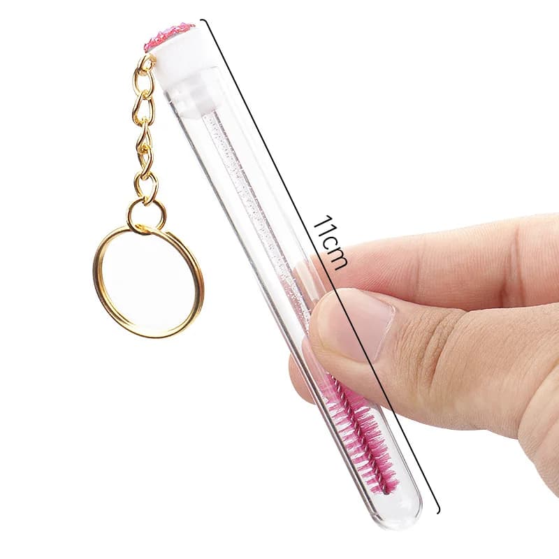 Set di 10 Pennelli per Ciglia con Portachiavi Dorato, Applicatore Glitterato per Mascara, Micro Pettine Contenitore per Extension Ciglia