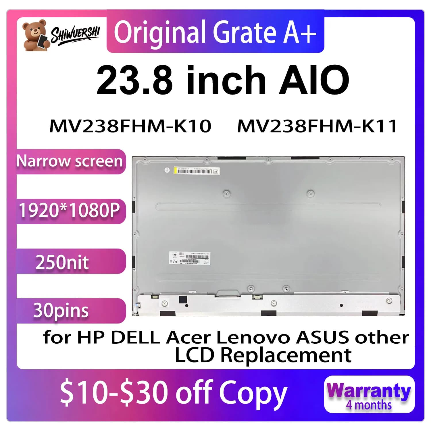 Nuovo Schermo LCD Touch Screen A+ da 23,8 Pollici MV238FHM K10 K11 MV238FHM-K10 MV238FHM-K11, Ricambio Display per Monitor All-in-One