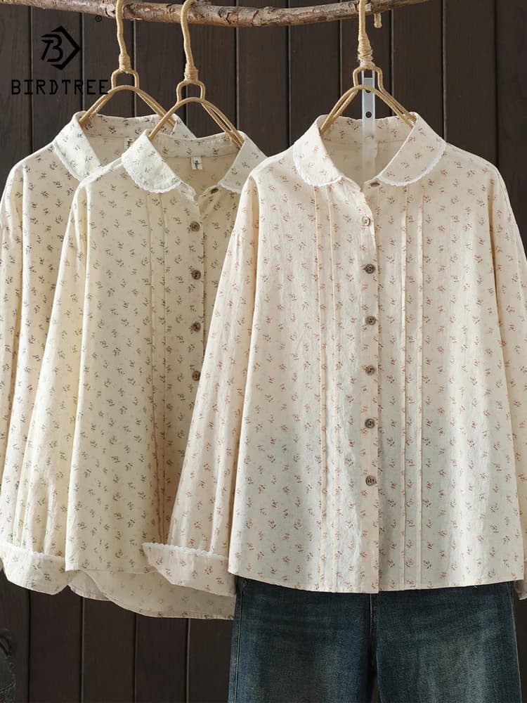 Nuova Camicia Primaverile 2026 da Donna in Cotone a Maniche Lunghe, Colletto Rovesciato con Stampa e Pieghe, Stile Mori Girl OL, Effetto Ringiovanente, Blusa Larga T61729CC