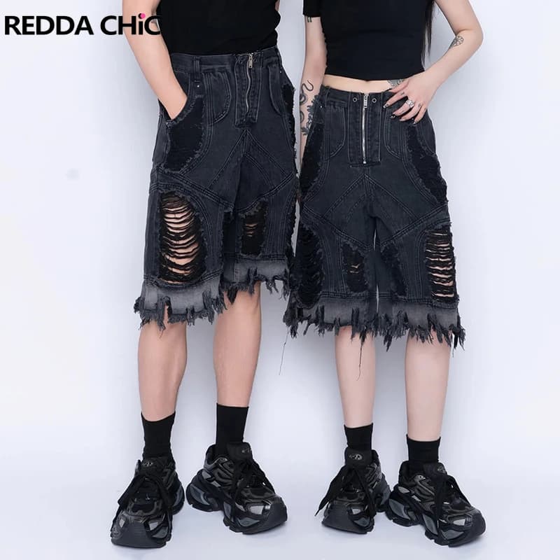 REDDACHiC Pantaloncini di jeans cargo patchwork sfilacciati da donna Bordo grezzo Cerniera Pantaloni bermuda a gamba larga distrutti Grunge Harajuku Streetwear