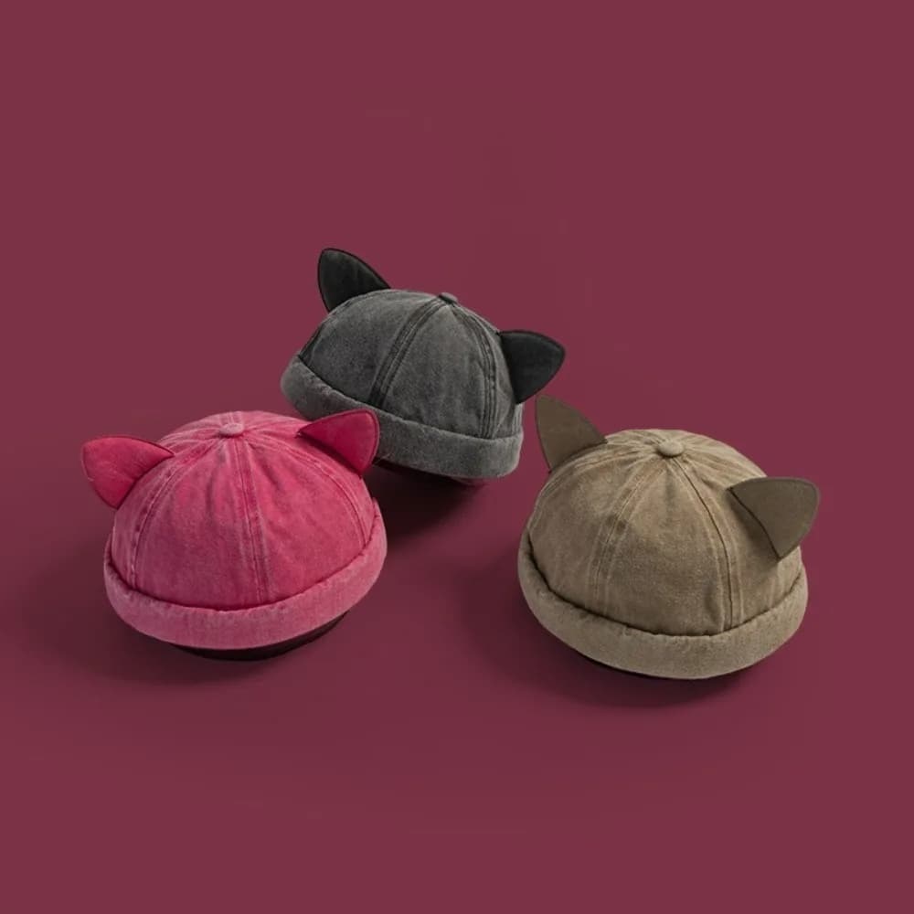 Cappello con Orecchie di Gatto Regolabili, Traspirante, Tinta Unita, Senza Visiera, Unisex, Stile Vintage, Berretto Lavato per Donna