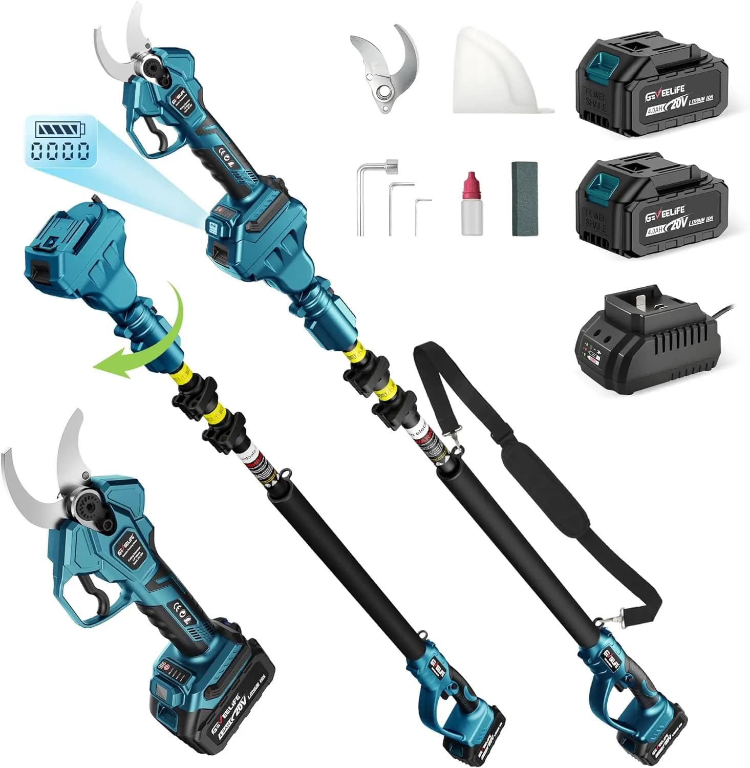 2-in-1 Wireless Electric Scissors, Cutting Diameter 1.6" with Extension Rod 12.8Ft, 2 4.0Ah Batteries for Tree Power