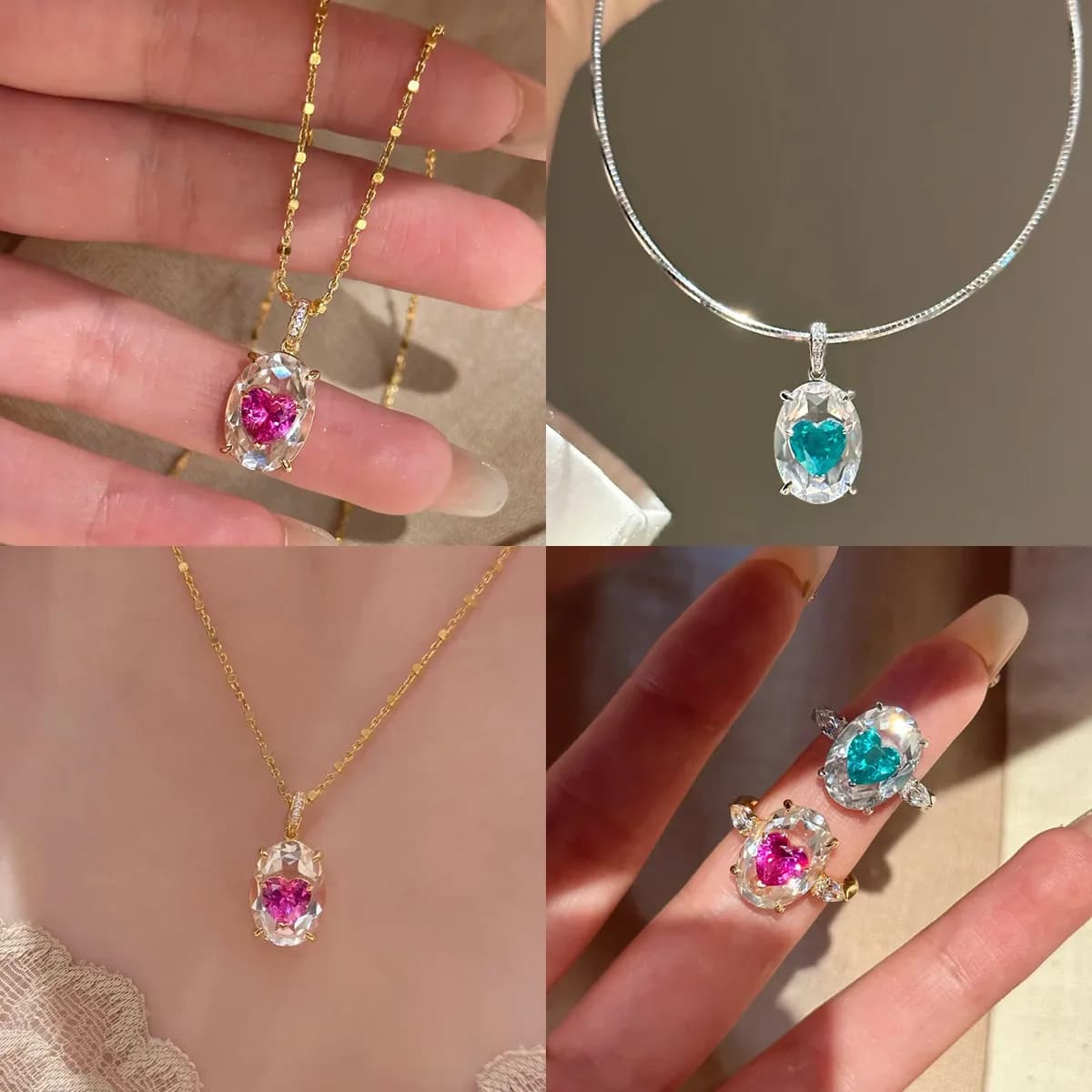 S925 sterling silver ring necklace stud earrings set light luxury red corundum pendant pigeon egg girl