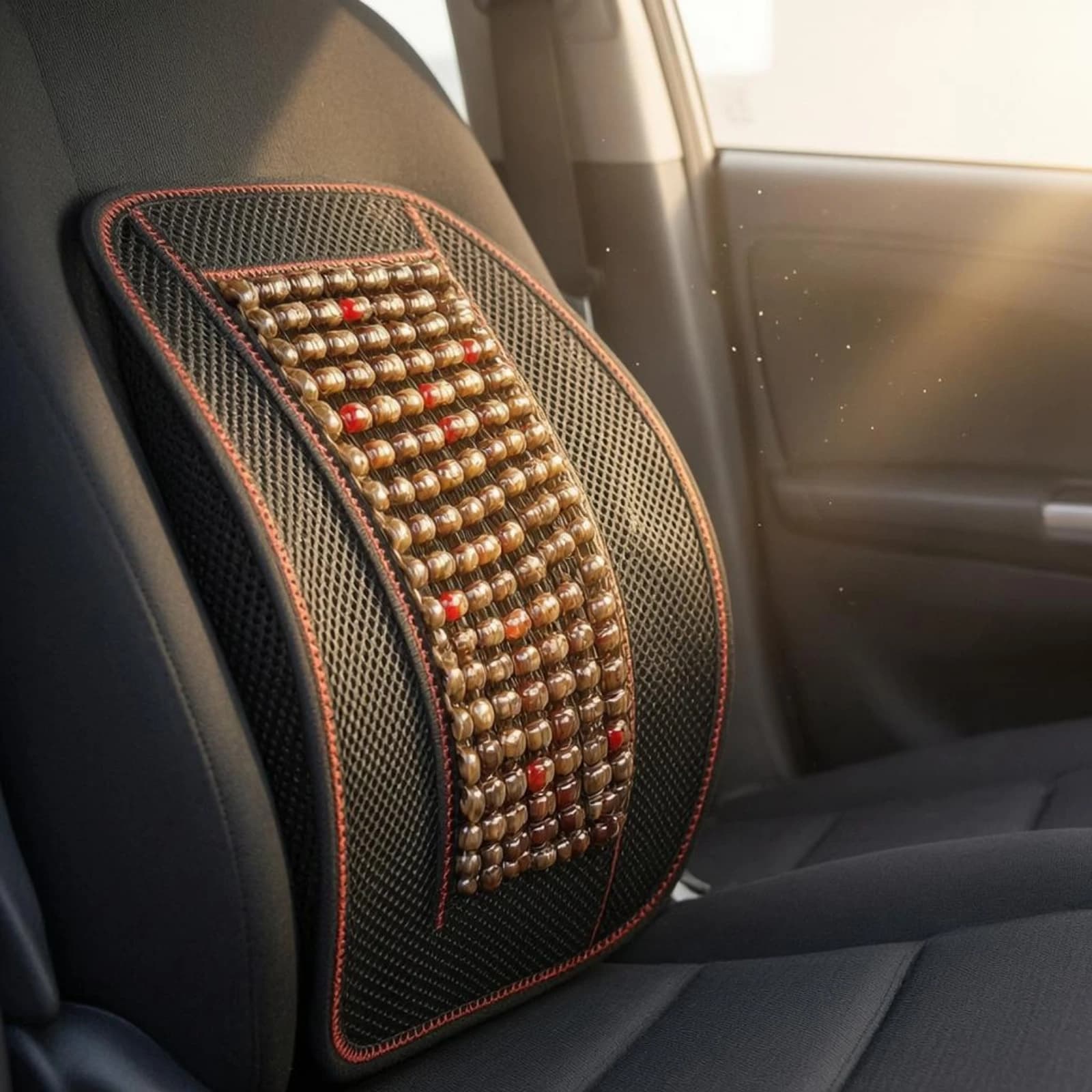 Cuscino per schienale con perline, supporto lombare rettangolare arrotondato, cuscino per sedile in rete ventilata, design ergonomico per la guida
