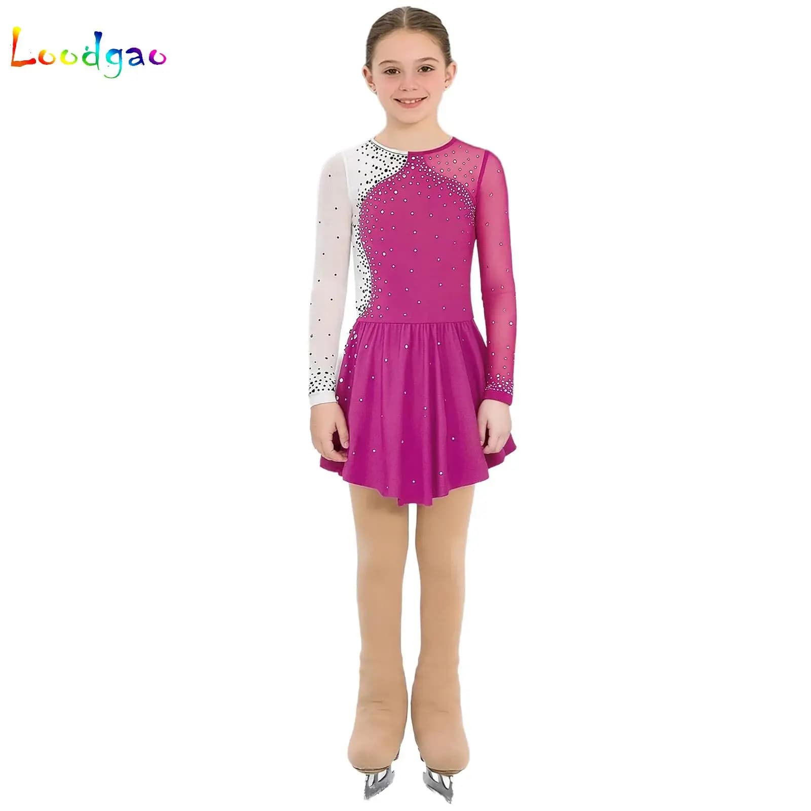 Vestito da ballo per bambine con collant, set completo con maglia a maniche lunghe in rete scintillante per pattinaggio artistico