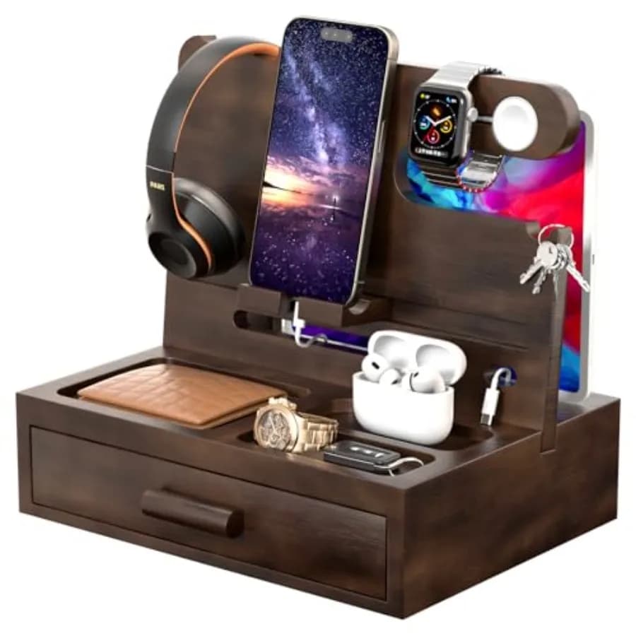 Nightstand Organizer for Men, Phone Docking Station with Cable Management, Night Stand with Drawer, Bedside Organizer for Watch