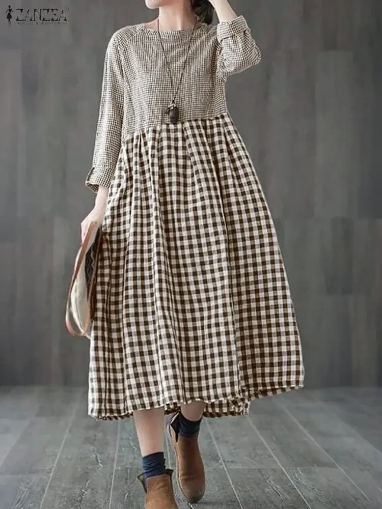 ZANZEA 2026 Abito Vintage a Quadri a Maniche Lunghe Primaverile, Vestito Midi Casual da Donna con Collo Tondo, Abito Estivo Ampio, Robe Femme Vestidos