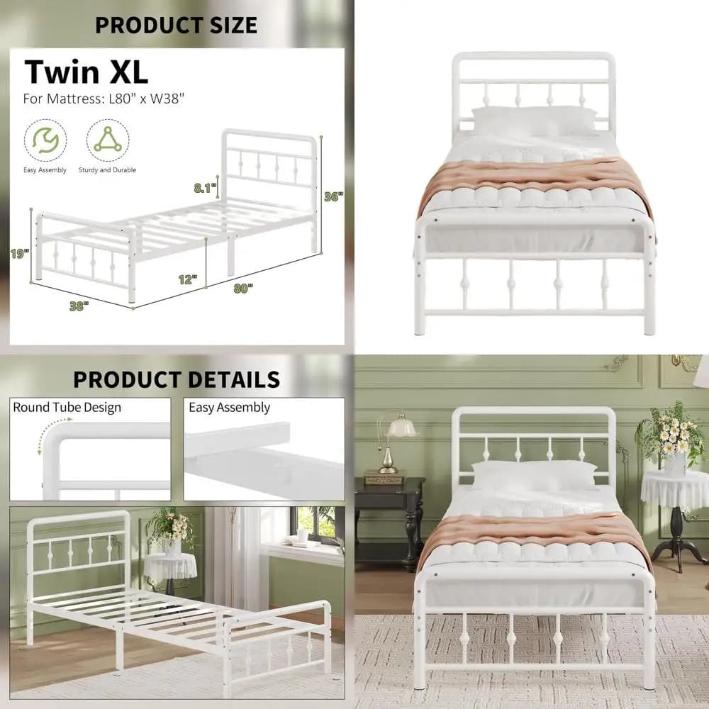 Struttura letto Twin XL bianca resistente con testiera, pedana e base in metallo: nessuna molle necessaria, facile montaggio, silenziosa