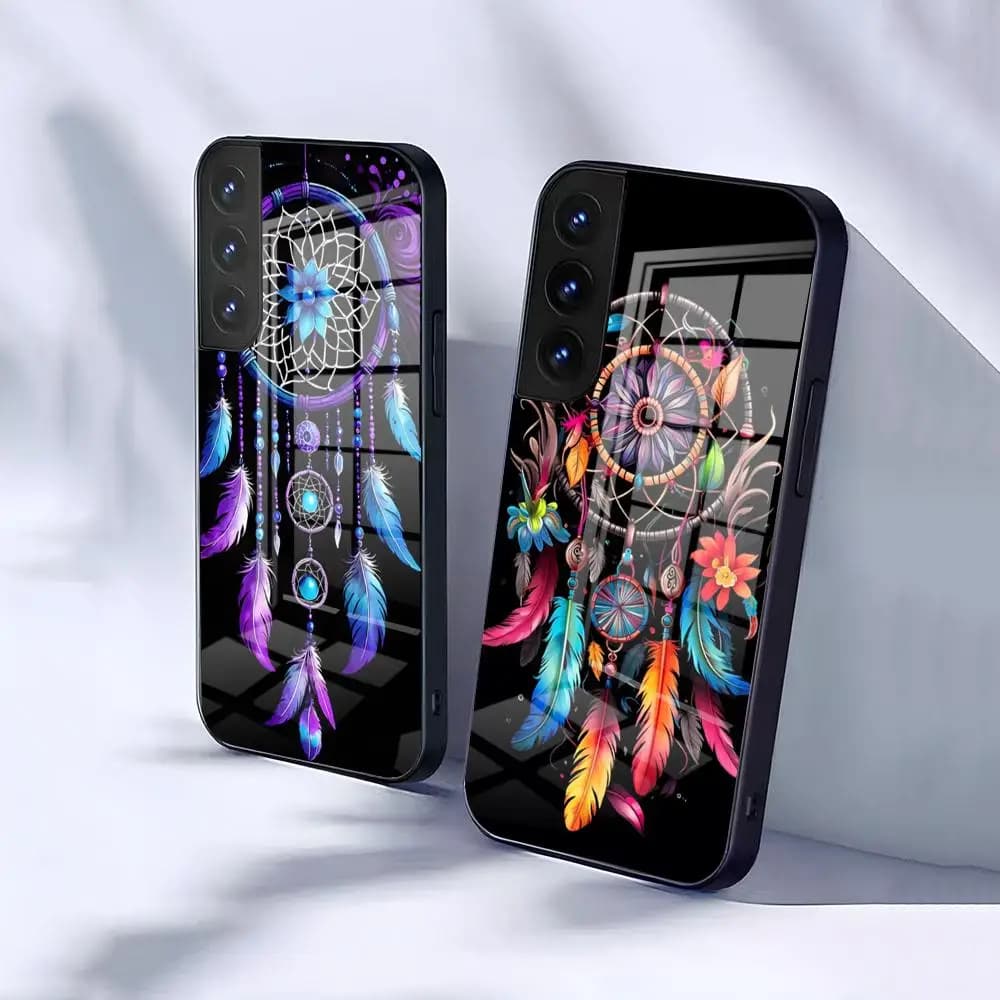 Feather Art Dreamcatcher Phone Case For Samsung S26 S25 S24 FE S23 S22 S21 Plus S20 Ultra Note20Ultra Black Glass Cover