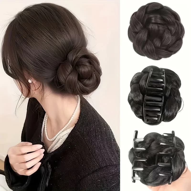 4 inch synthetic wig with lazy hair clip, braided braid, women's wig, with low tie, meatball head, heat-resistant hair accessories