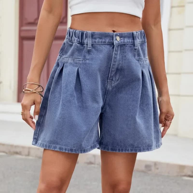 Shorts in Denim da Donna Y2k a Vita Alta, Pantaloni Blu a Gamba Larga, Jeans Sottili, Estate 2026, Casual, Elastici, con Volant, Linea A, Larghi, Shorts Trendy