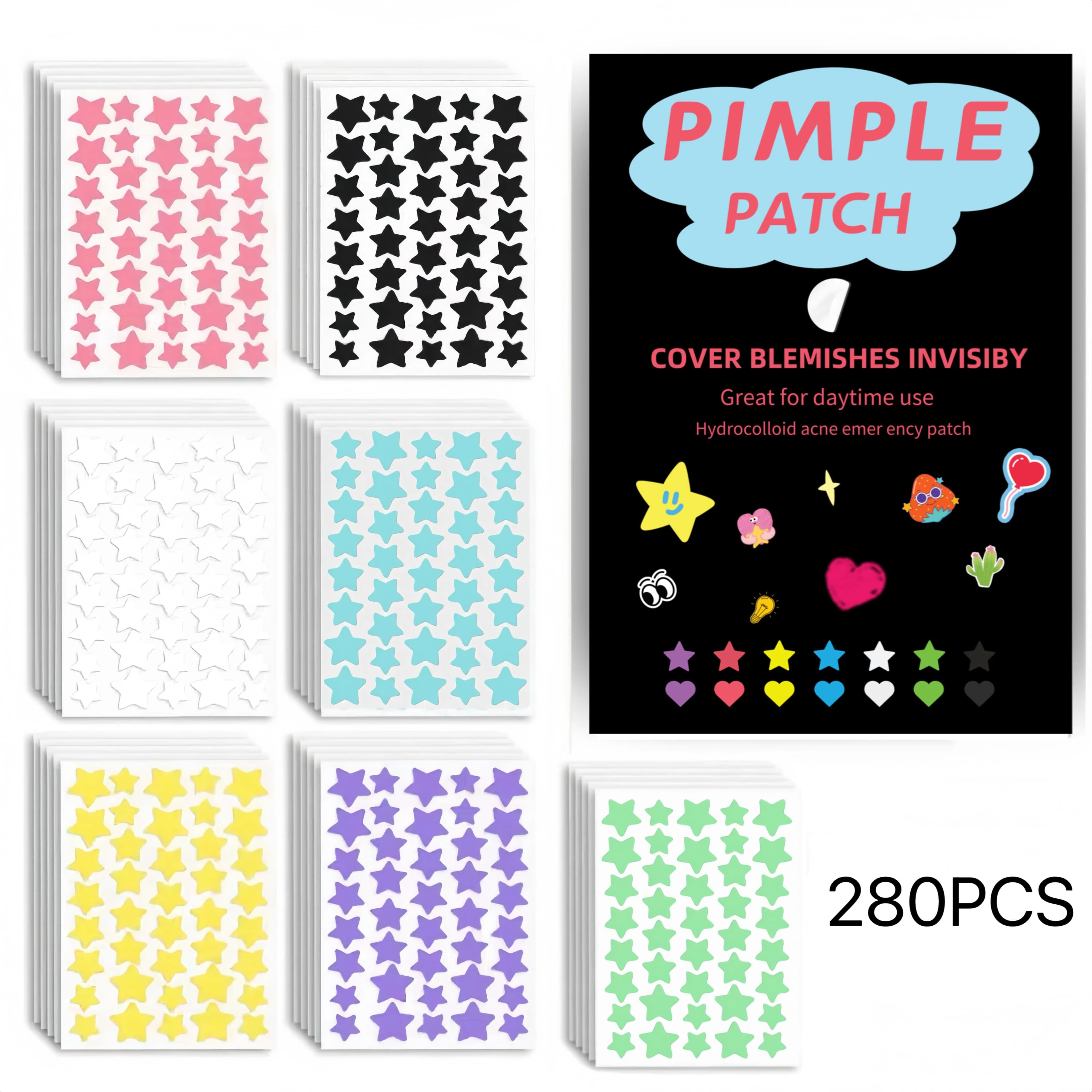 280PCS 6 Color Star Hydrocolloid Pimple Patches Black Cartoon Graffiti Box Decorative Acne Spot Stickers Invisible Clear Round B
