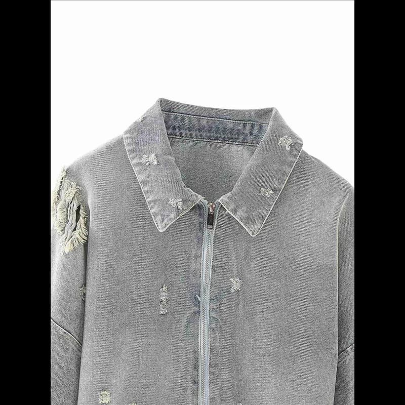 ABRT-Giacca di jeans sfilacciata con maniche a pipistrello da donna con colletto rovesciato - Capispalla in cotone spesso per l'autunno inverno