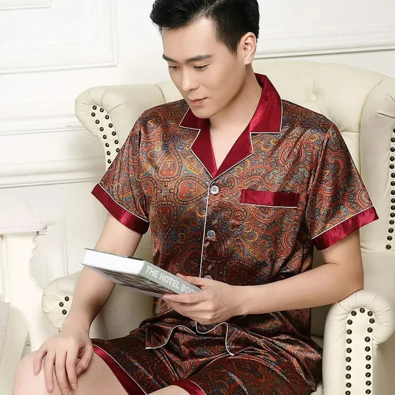 Men's classic high-quality fashion pyjamas long sleeve shorts short sleeve dresses night dresses set for men's printed silk satin house