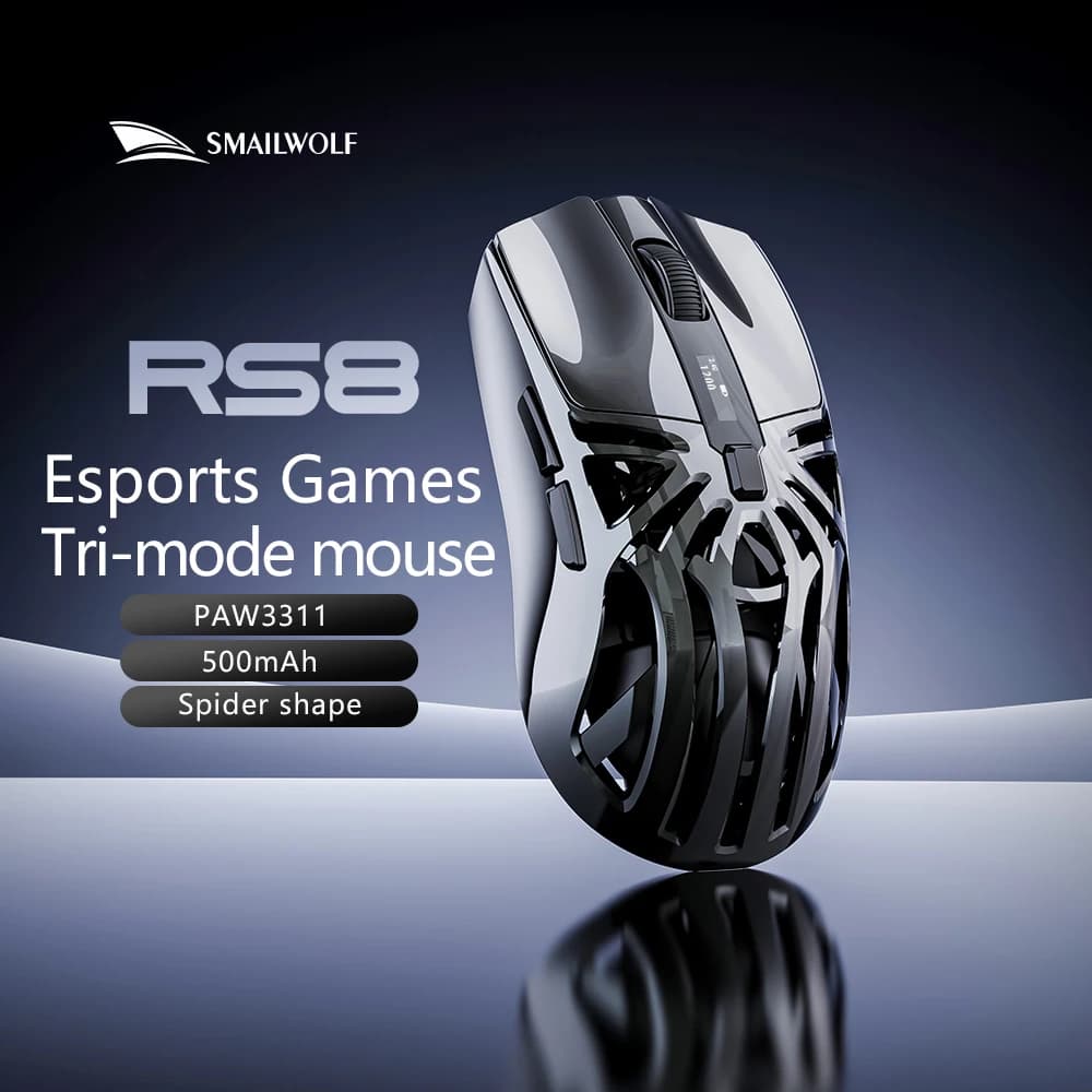 Mouse da Gaming Wireless SMAILWOLF RS8 Bluetooth 2.4G, Tre Modalità, Leggero, PAW3311, per E-sport, Tasso di Ritorno 1K, 10000DPI, per Computer