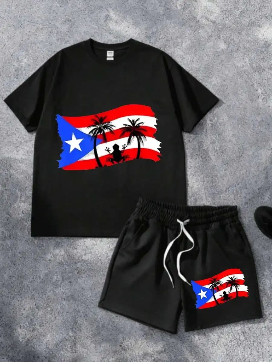 Set di t-shirt e pantaloncini con stampa di palme e bandiera di Porto Rico per abbigliamento casual da spiaggia