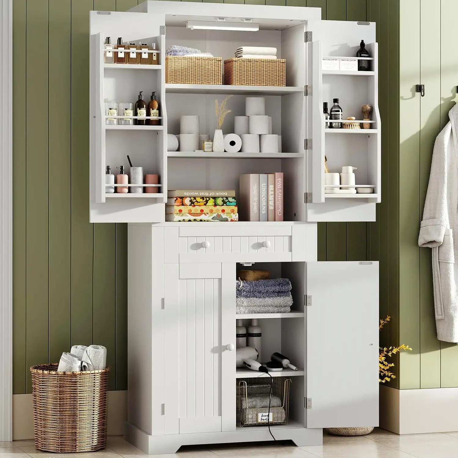 Armadio dispensa da cucina alto 72 pollici con sensore di movimento, 2 ripiani regolabili, 1 cassetto, autoportante, per sala da pranzo e bagno, bianco