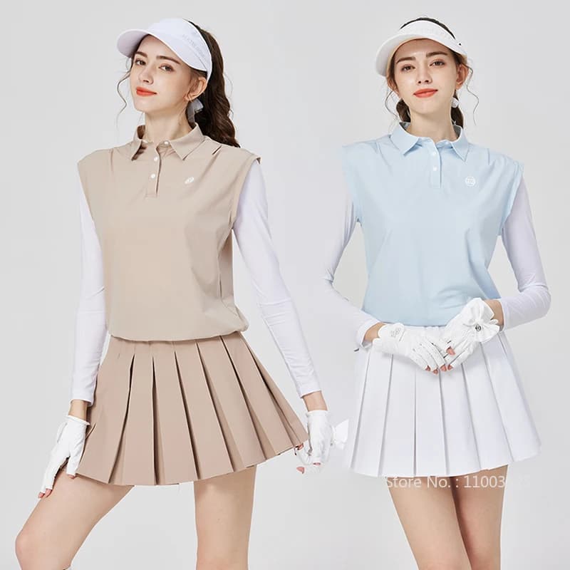Blktee WomenPolo Top Protezione solare a maniche lunghe in seta di ghiaccioT-shirt Camicia ampia in due pezzi finta Gonna a pieghe da tennis Gonna da golf da donna