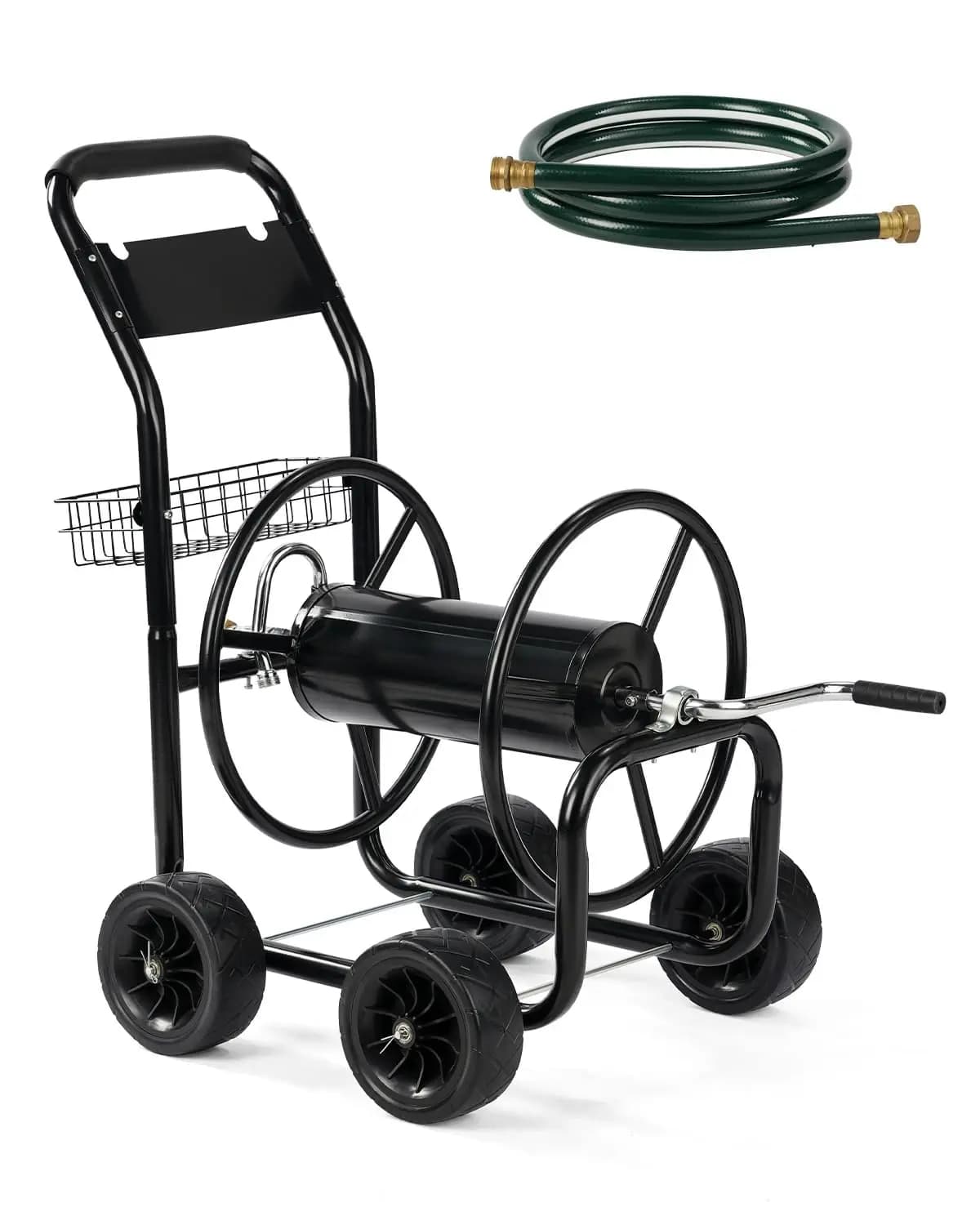 300 Ft Garden Hose Reel Cart, Heavy Duty 4 Wheels Water Cart, Green | Holds up to 5/8 Inch hose, storage basket for
