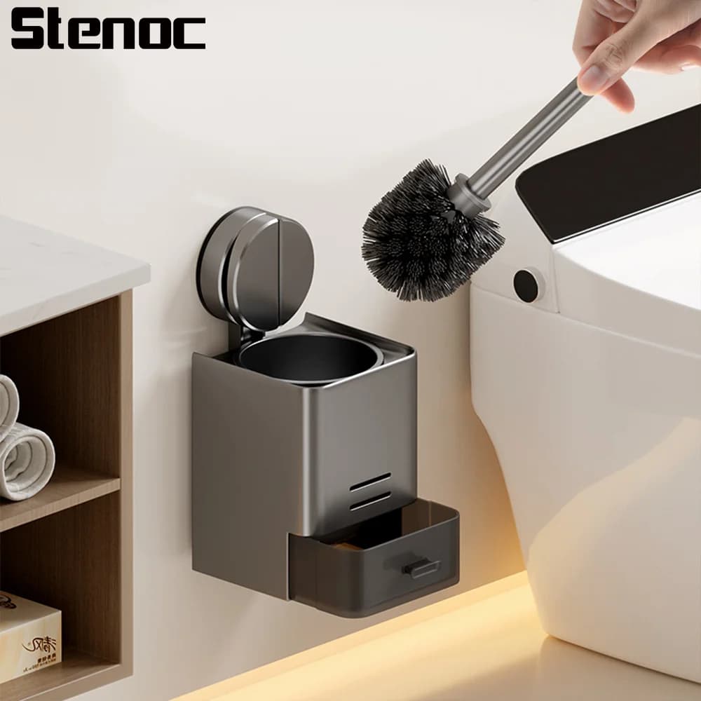 Spazzola per WC con ventosa grigio/bianco, montaggio a parete, in alluminio, porta spazzola per WC, strumenti per la pulizia, accessori per il bagno