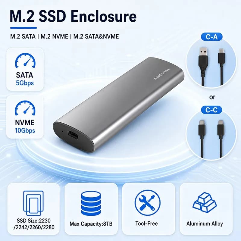 M.2 NVME/M.2 SATA SSD Enclosure M.2 NVME SATA Case Aluminum External SSD Enclosure for SATA and NVME