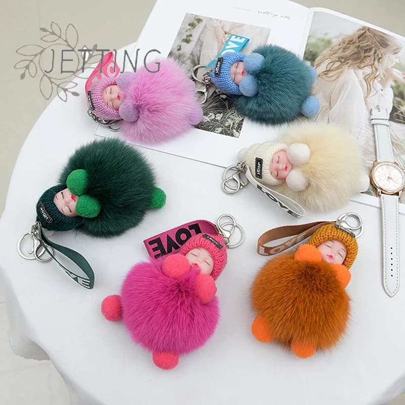 Hot Pompon Sleeping Children's Keychain Soft and cute plush dolls Keychain for women's bag Keychain for car Gift Charming Decoration