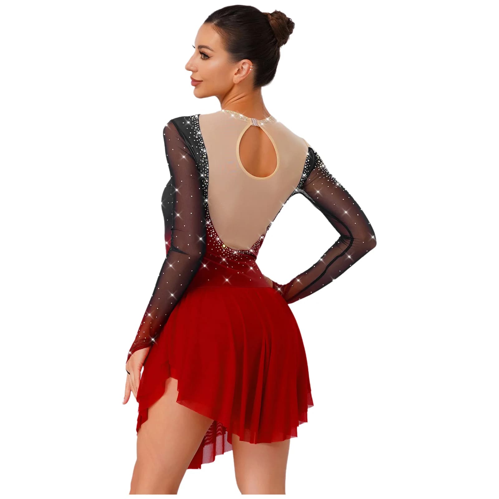 Abito da pattinaggio di figura scintillante da donna Body da ginnastica per balletto Patchwork irregolare Abito sfumato Ballerina Costume da principessa