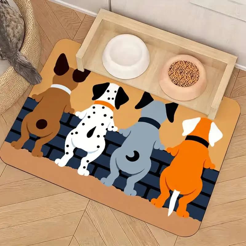 Tappetino per Alimentazione Animali Domestici con 4 Silhouette di Cani, Base Arancione Antiscivolo, Design Carino, Superficie Anti-Schizzi Facile da Pulire