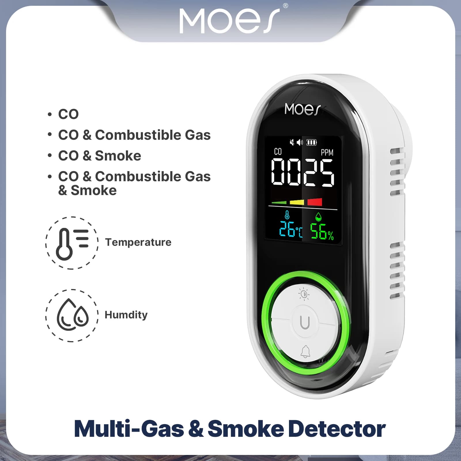 Rilevatore di Gas e Fumo MOES CO, Sensore di Monossido di Carbonio Plug-in con Allarme, Display LED, Temperatura e Umidità per Cucina, Garage, Caldaia