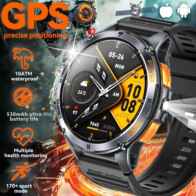 LIGE Nuovo GPS Sport Tracker Astuto Della Vigilanza Degli Uomini 1.43 "Schermo AMLOED 530mAh Batteria Frequenza Cardiaca Bussola LED Torcia Elettrica Uomo Smartwatch