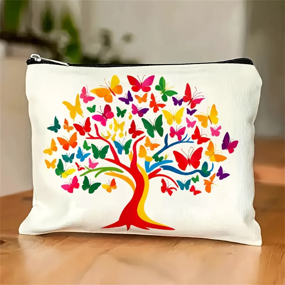 Una borsa per il trucco stampata con farfalla dell'albero arcobaleno: custodia multifunzionale con cerniera, borsa per riporre gioielli
