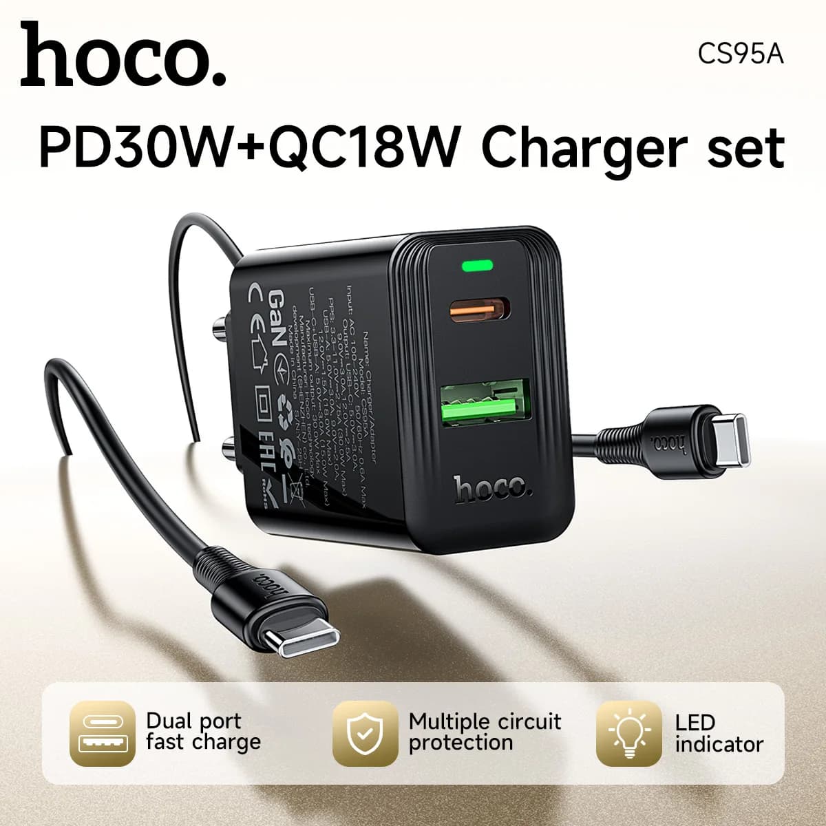 HOCO Spina UE GaN PD30W Caricatore del telefono a ricarica rapida per iPhone 17 16 Pro Max USB C QC3.0 Adattatore di ricarica da viaggio a parete per Samsung